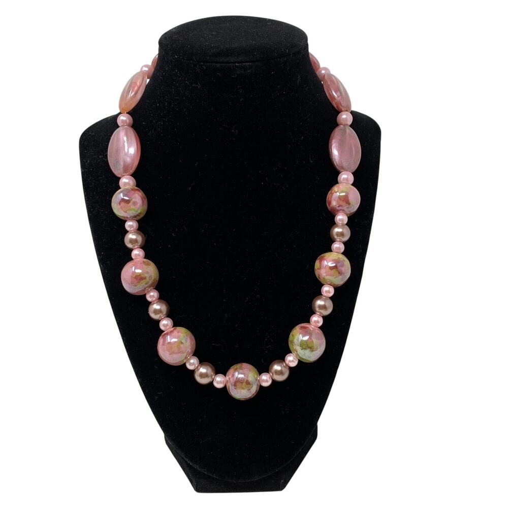 Handmade Artisan Beaded Necklace Iridescent Pink Gold Beads Single Strand